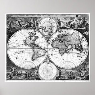 Pôster Black and White World Map (1690)