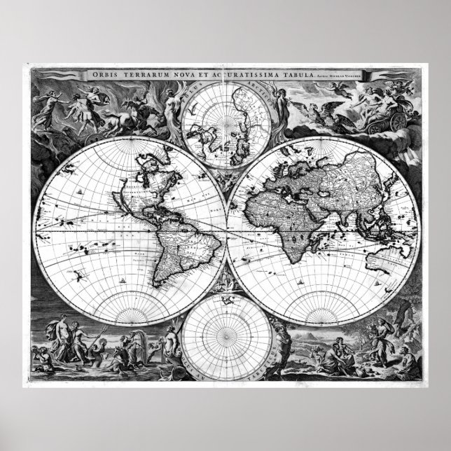 Pôster Black and White World Map (1690) (Frente)