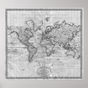 Pôster Black and White World Map (1801)
