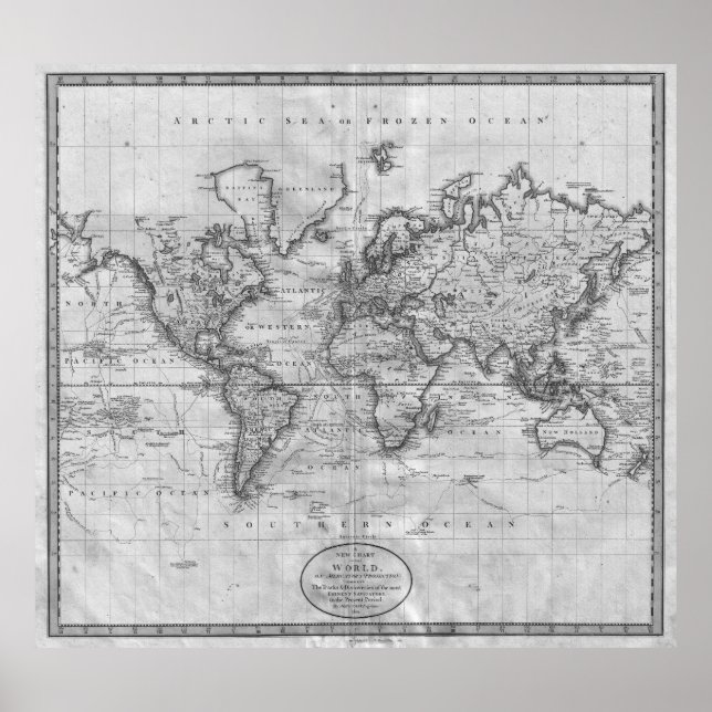 Pôster Black and White World Map (1801) (Frente)