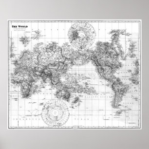 Pôster Black and White World Map (1901) 2