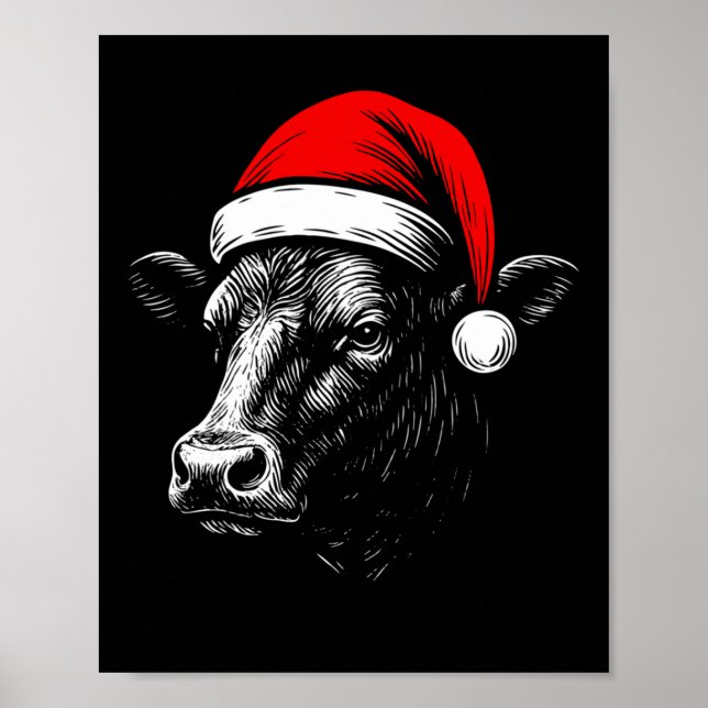 Poster Black Angus Rancher Christmas Cow Santa Hat Farmer (Frente)
