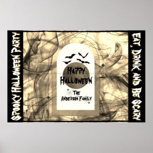 Poster Black Bats Spider Web Full Moon Happy Halloween