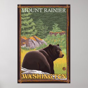 Poster Black Bear in Forest - Monte Rainier, Washington