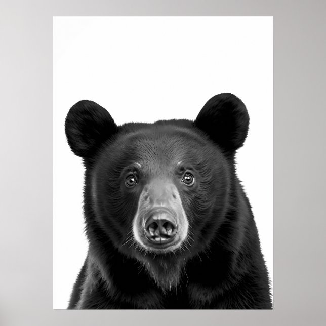 Poster Black Bear Woodland Modern Retrato preto branco pr (Frente)
