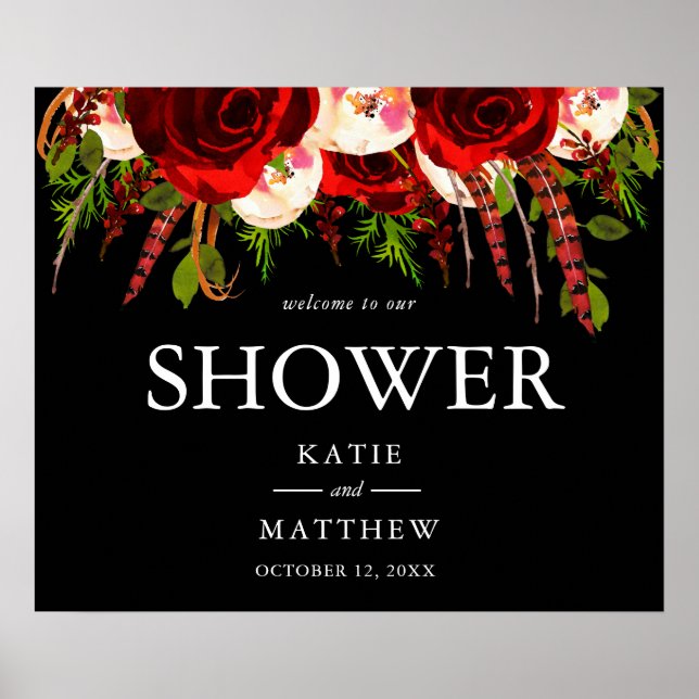 Poster Black Burgundy Floral Boho Bem-vindo ao Nosso Chá (Frente)