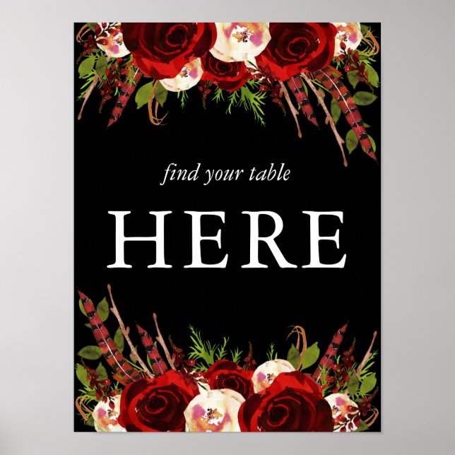 Poster Black Burgundy Floral Boho Encontre sua Mesa aqui (Frente)