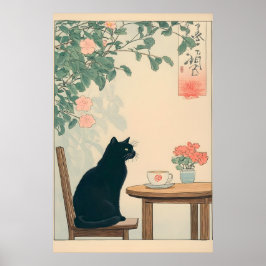 Poster Black Cat And Coffee Print Ukiyo-e Japandi Art