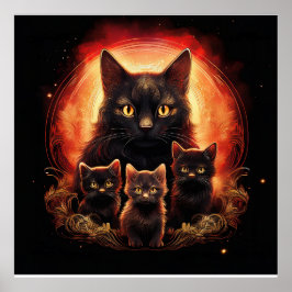 Poster Black Cat And Her Three Kittens