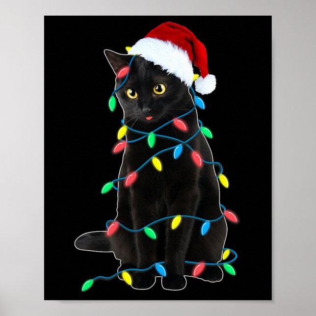 Poster Black Cat Árvore Natal Luzes Diversão Papais noeis (Frente)