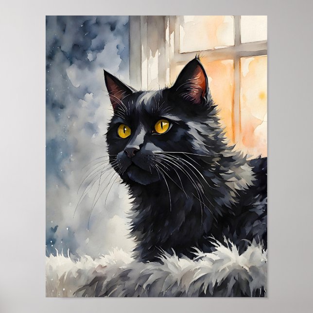Poster Black Cat by Window Art Print Cozy Feline Wall Art (Frente)