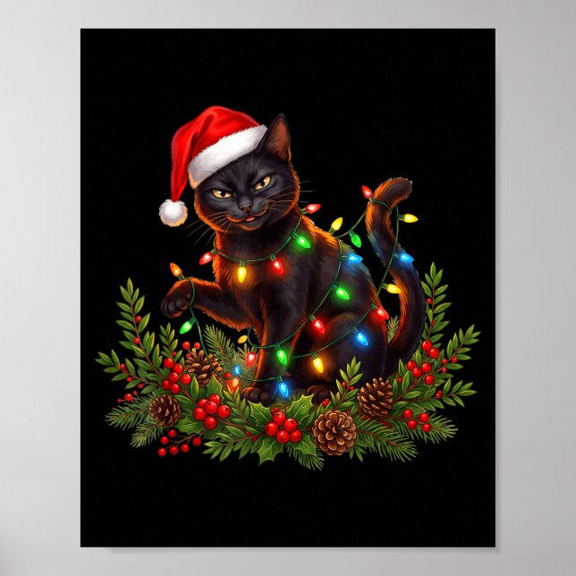 Poster Black Cat Christmas Santa Hat Funny Meowy Cats Wom (Frente)