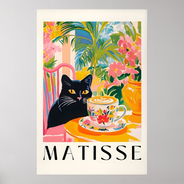 Poster Black Cat Drinking Coffee Funny Matisse Style (Frente)