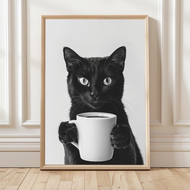 Poster Black Cat Drinking Coffee Wall Art, Black and Whit (Criador carregado)