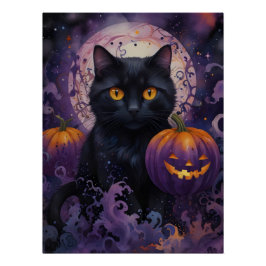 Pôster Black Cat e Halloween Pumpkins na Lua