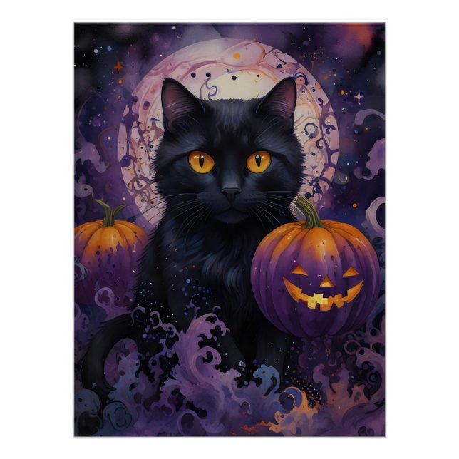 Pôster Black Cat e Halloween Pumpkins na Lua (Frente)