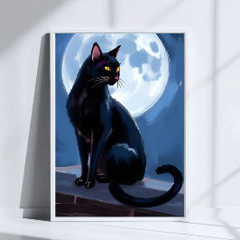 Poster Black Cat | Full Moon Pet Painting Watercolor