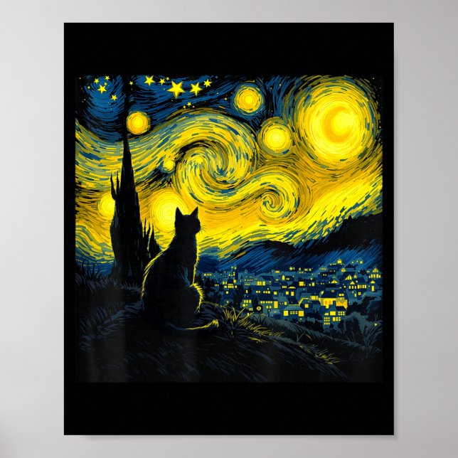 Poster Black Cat Funny Cat Lover Mom Daddy Starry Night V (Frente)