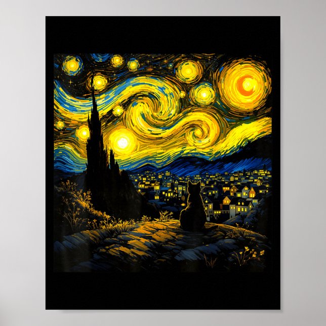 Poster Black Cat Funny Cat Lover Mom Daddy Starry Night V (Frente)
