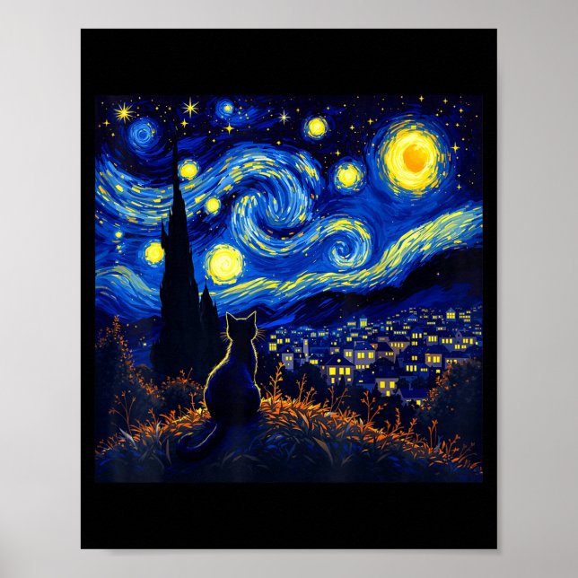 Poster Black Cat Funny Cat Lover Mom Daddy Starry Night V (Frente)