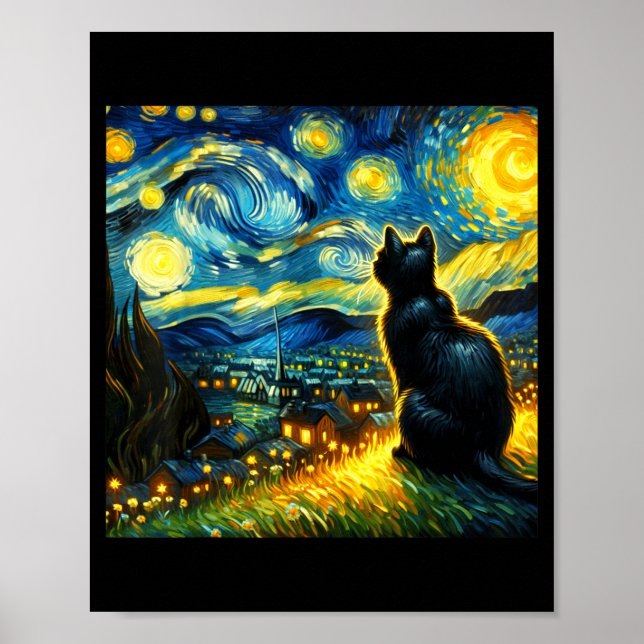 Poster Black Cat Funny Cat Lover Mom Daddy Starry Night V (Frente)