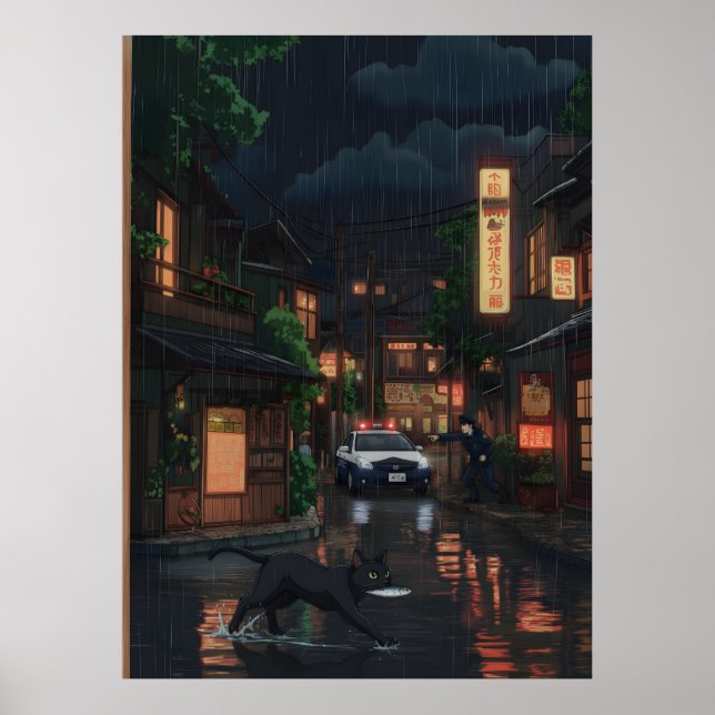 Poster Black Cat in Rainy Neon Japanese Street Anime Art (Frente)