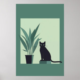 Poster Black Cat Minimalist Wall Art Modern Green Botanic