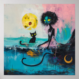 Poster Black Cat Moon Magical Witchy AI Art Semi Gloss
