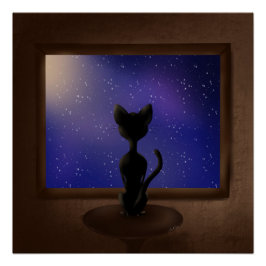 Pôster Black Cat olhando pela janela estrelas do céu notu