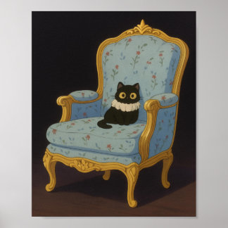 Poster Black Cat on Blue Floral Armchair