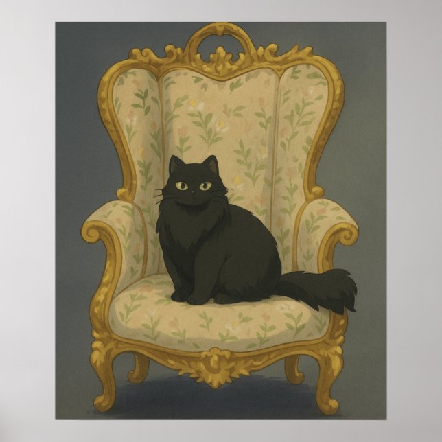Poster Black Cat on Ornate Chair – Elegant Gothic Pet Por (Frente)