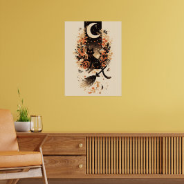 Poster Black Cat on Witch’s Broom Under the Moon