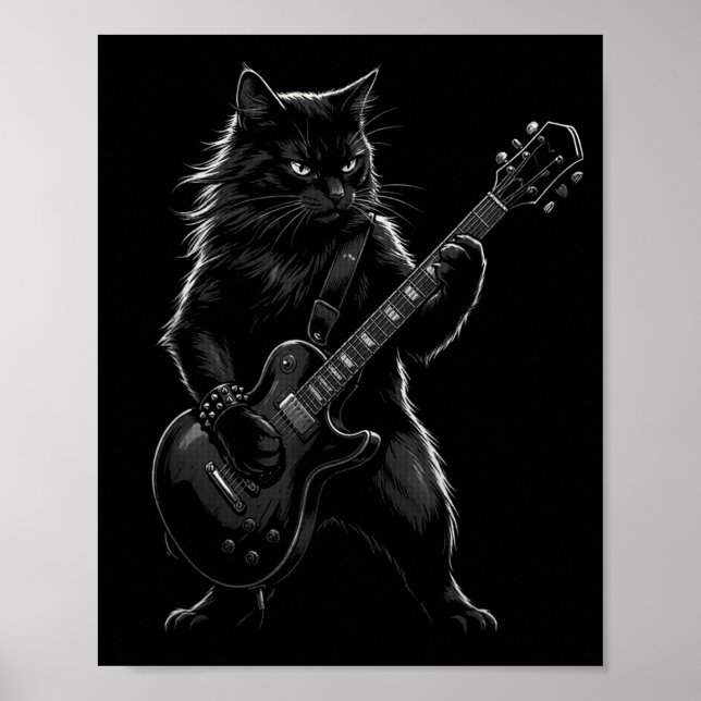 Poster Black Cat Playing Electric Guitar Gothic Rocker  (Frente)