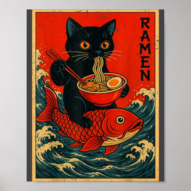 Poster Black Cat Ramen Japanese Graphic Tees For Men Wome (Frente)