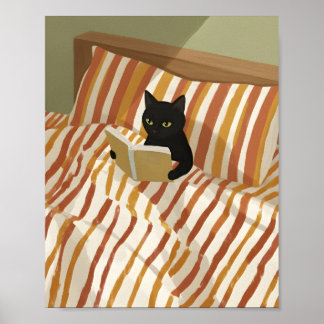 Poster Black Cat Reading in Bed | Peaceful Bedroom | Cat