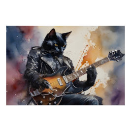 Pôster Black Cat Rock Star Tocando Jaqueta de couro de vi