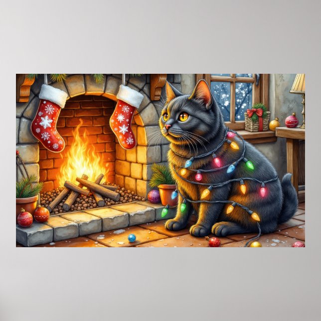 Poster Black Cat Sitting Fireplace with Christmas Lights (Frente)