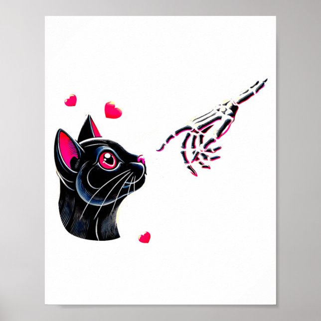 Poster Black Cat Skeleton Hand Boop Valentines Day Pet O  (Frente)