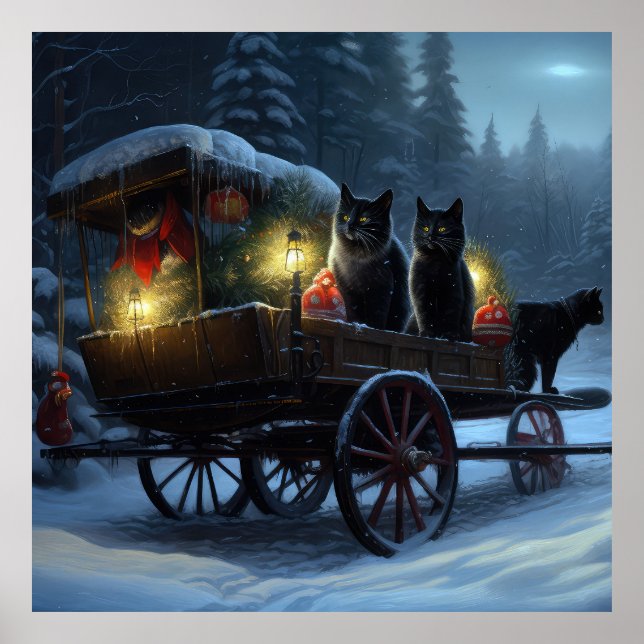 Poster Black Cat Snowy Sleigh Durante o Decinto de Natal (Frente)