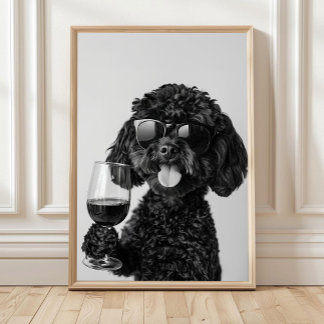 Poster Black Cockapoo Drinking Wine Wall Art, Black and