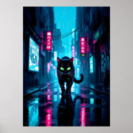 Poster Black Cyberpunk Cat In Neon Rainy City
