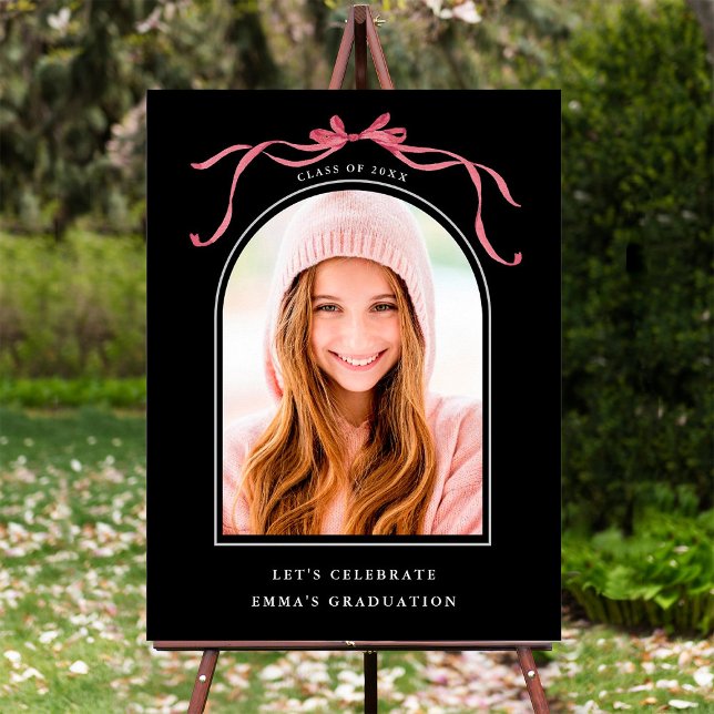 Poster Black Deep Blush Bow Graduation Party Welcome  (Criador carregado)