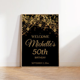 Poster Black Dourado String Lights Welcome 50th Birthday