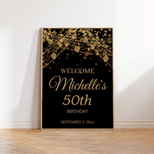 Poster Black Dourado String Lights Welcome 50th Birthday (Criador carregado)