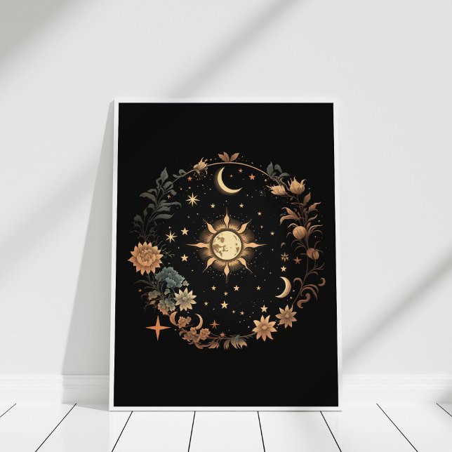 Poster Black Floral Celestial Boho Wall Art (Black Floral Celestial Boho Wall Art in a white frame against white wall.)