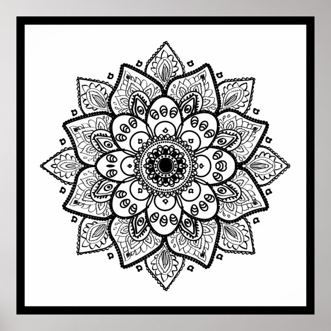 Pôster Black Floral Mandala On White (Frente)