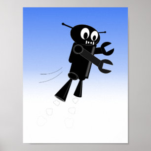 Poster Black Flying Robot Blue Sky Background