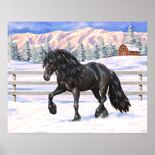 Poster Black Friesian Draft Horse In Snow (Frente)