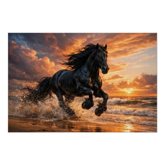 Pôster Black Friesian Horse at Sunset, Powerful Beach Run (Frente)