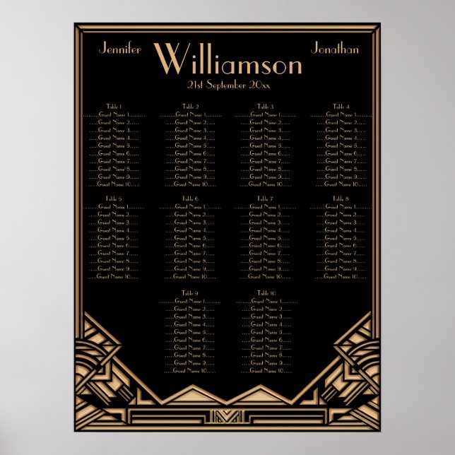 Pôster Black Gold Art Deco Style Wedding Seating Chart (Frente)